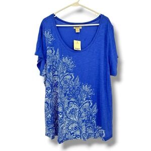 Lucky Brand Plus 3X Blue Floral Graphic Tee Micromodal Supima Cotton Boho Soft